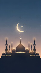 Silhouette of Mosque with Crescent Moon and Stars at Sunset