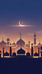 Silhouetted Mosque with Crescent Moon and Stars During Twilight