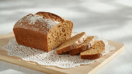 Delicious homemade bread on wooden cutting board with doily