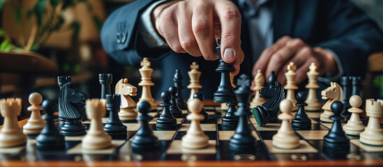 Strategic Move on the Chessboard: A focused player contemplates the next move on a chessboard. The game is set up, a moment of deliberation before the next calculated move is executed
