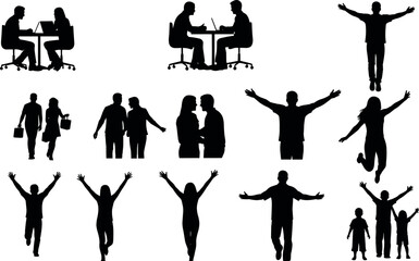 Black silhouettes of diverse people working at laptops, walking together, jumping for joy, and celebrating success in various lifestyle poses.