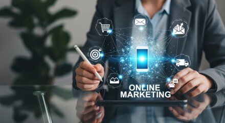 Online Marketing Strategy Visualization with Digital Device and Businesswoman for E-commerce Success