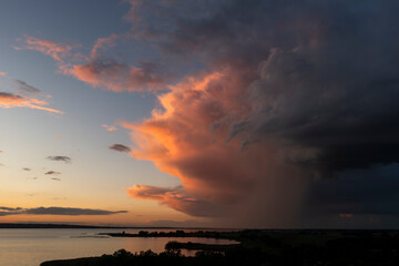 Beautiful sunset over Lake Dąbie in Szczecin. View from a drone.