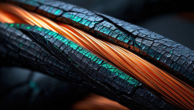 Close-up of Damaged Electrical Cable with Exposed Copper Wires and Black Insulation