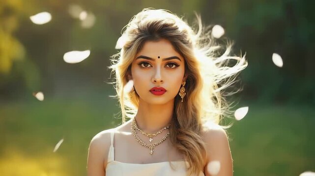 Stunning young indian woman with a bindi and luxury gold jewelry in a sunlit garden. Beautiful female model with windblown hair looking at camera as flower petals fall