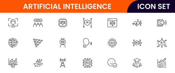 Artificial intelligence icons depicting machine learning, neural networks, automation, robots, data analysis, algorithms, technology, smart systems, AI applications, computing, intelligence