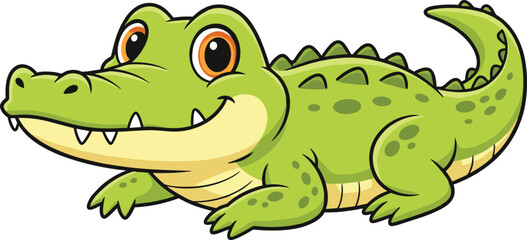 Obraz premium Friendly cartoon crocodile vector illustration with smiling face, green scales, expressive eyes, playful pose, perfect for kids and education design