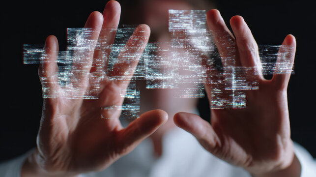 Digital literacy intelligence science imagination future concept with human hand touch virtual interface data screen innovation and curiosity - Powered by Adobe