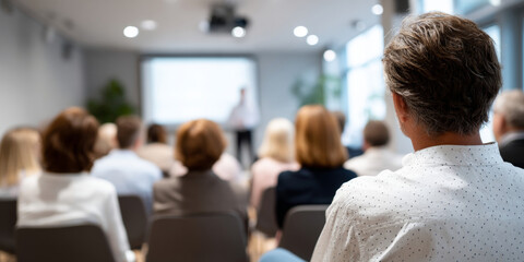 Fototapeta premium Audience attending a business seminar or conference in a modern meeting room with a speaker presenting in front of a projection screen