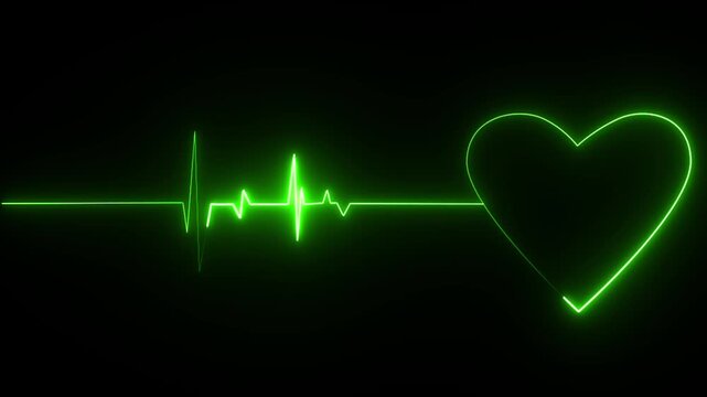 neon green graphic representing a heart and a heartbeat pulse line, also known as an electrocardiogram (ECG or EKG).  The line on the left is a waveform that monitors heart activity, showing a normal 