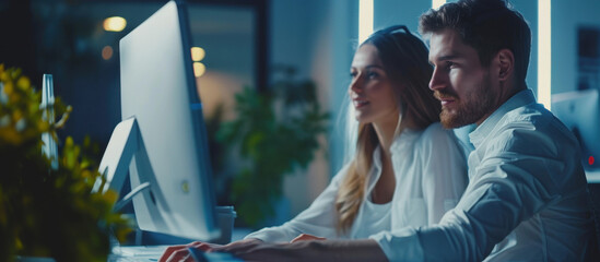 Working Together: In a dim office setting, a focused pair collaborates intently at a computer, their faces illuminated by the screen's glow. Capturing dedication, teamwork.