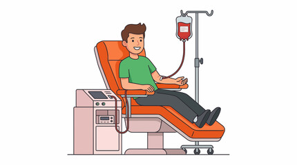 Happy male donor sits in a medical chair giving blood next to an apheresis machine on white background, concept for medical campaigns, health awareness promotion and hospital service brochures