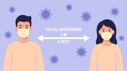 Flat vector of two individuals wearing masks maintaining 6 feet social distance, surrounded by virus cells, concept for pandemic infographics, hygiene promotion and safety rules presentation