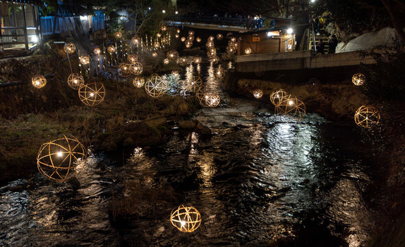 town view  at night in old hot spring town of Kurokawa Onsen. one of famous hot spring town in Kyushu