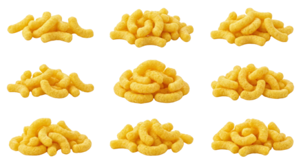 Crunchy Cheese Puffs Snack Food - Isolated Piles on White Background