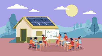 Diverse students and educators train outside on renewable energy sustainability, next to a solar-paneled house, concept for eco education, corporate ESG strategy and technology initiatives