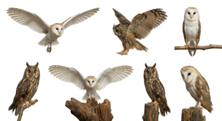 Collage of Various Owls: Barn Owl, Eagle Owl, Long-eared Owl in Flight and Perched