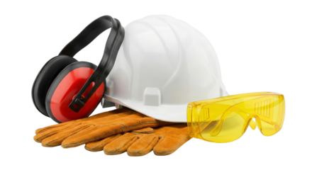 Construction Safety Gear: Hard Hat, Gloves, Ear Defenders, Safety Glasses