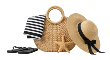 Summer Beach Bag Essentials: Straw Hat, Flip-flops, Starfish, and Towel on White Background