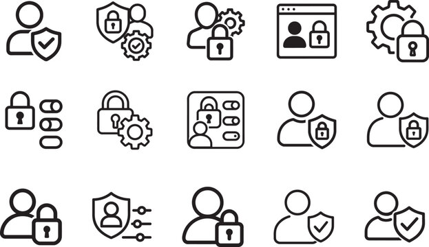 Privacy settings and control outline icon set for account security, data protection, and user control UI.