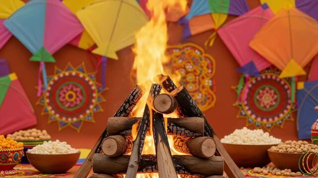 A festive lohri bonfire burning surrounded by colorful kites and traditional food for harvest celebration, Pongal and makar sankranti 