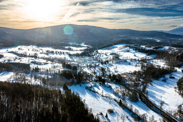 Mountain landscape in winter, view from a drone.