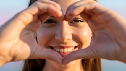 Fototapeta premium Smiling woman making a heart gesture with her hands over her eyes. Concept of love, happiness, joy, and positive emotions.