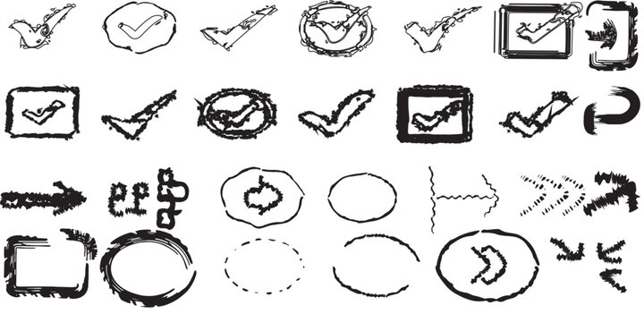 A collection of hand drawn checkmarks arrows circles and various scribble like elements in black and white illustrating confirmation and progress