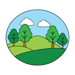Obraz premium A peaceful nature scene with lush green trees scattered across rolling hills under a bright sky, evoking calm, serenity, and the beauty of the outdoors. 