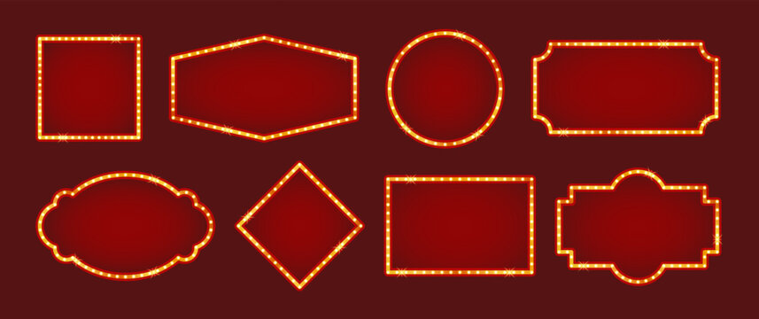 Set of circus marquee frames with glowing bulbs in retro style for posters, tickets and banners. Vector illustration