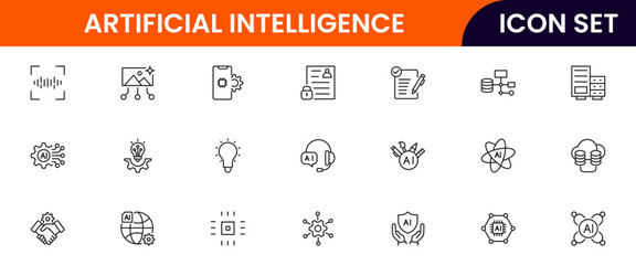 Artificial intelligence icons depicting machine learning, neural networks, automation, robots, data analysis, algorithms, technology, smart systems, AI applications, computing, intelligence