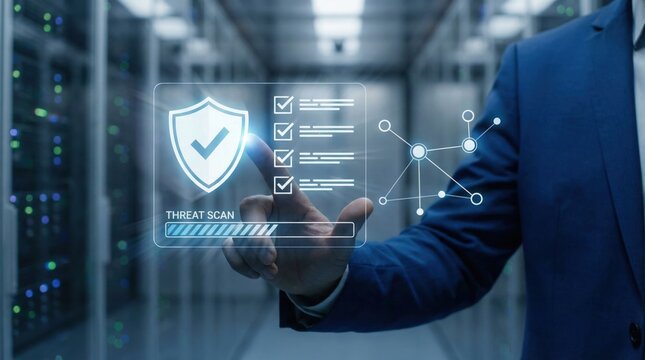 Cybersecurity threat scan interface with shield icon,data checklist and network protection elements,touchscreen display in server room,showing digital safety and risk analysis system - Powered by Adobe