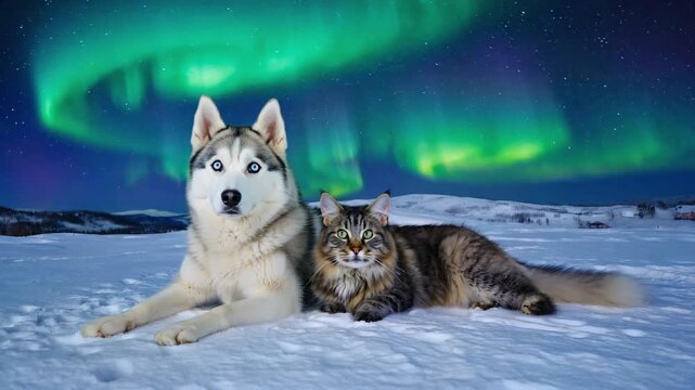 A siberian husky dog and a maine coon cat are best friends in a snowy winter landscape. Unlikely animal companions watching the magical northern lights in the arctic sky