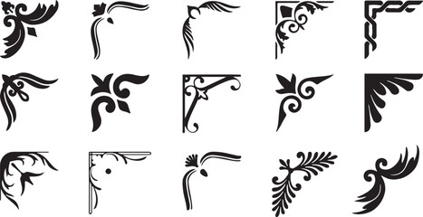 Ornamental corner flourish icon set with elegant vintage swirls. Decorative black filigree elements frame designs for invitations, borders, and branding. Classic scroll motifs add luxury detail  © Sk