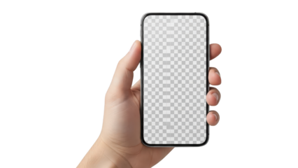 Hand holding modern smartphone with transparent screen on checkered background