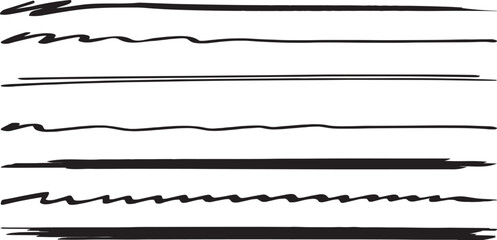Obraz premium Hand drawn line texture set with sketchy strokes and rough edges. Abstract ink lines create minimalist dividers, underlines, and borders for modern design layouts. Organic black strokes add artistic 
