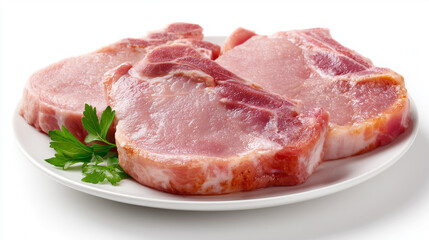 Fototapeta premium Juicy pork chops on a white plate, garnished with parsley. Ideal for cooking tutorials, grocery visuals, or recipe blogs. High quality raw pork showing color, texture, and freshness.