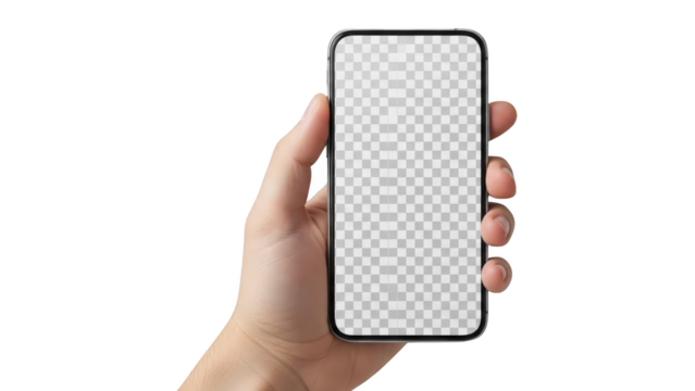 Hand holding modern smartphone with transparent screen on checkered background - Powered by Adobe
