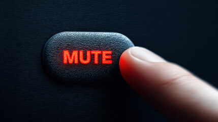 Mute button finger silence control technology closeup red digital mute button control with finger touch symbolizing silence literacy