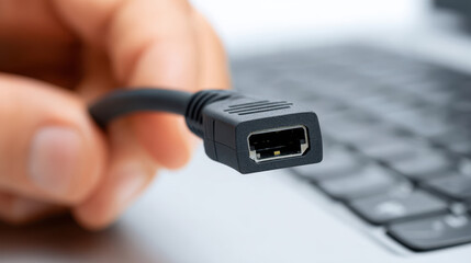 Digital literacy intelligence science imagination future connection cable in hand near laptop keyboard, concept of modern data transfer technology