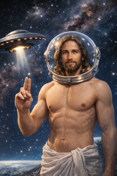 Religious figure with transparent glass space helmet, sci-fi halo concept of divine character in deep space
