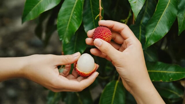 Woman's hands peeling a fresh ripe lychee fruit from the tree in a summer garden. Harvesting seasonal tropical produce for a healthy organic lifestyle concept