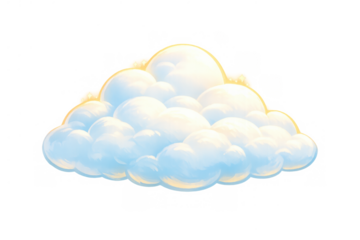 Fluffy cartoon cloud with golden glow and sparkle effect, magical dream atmosphere element, transparent background