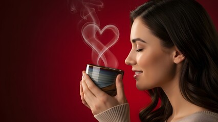 A woman holds a red mug of coffee with heart-shaped steam. This image captures feelings of love, comfort, and romance, ideal for Valentine's Day, cafe promotions, or cozy lifestyle content.