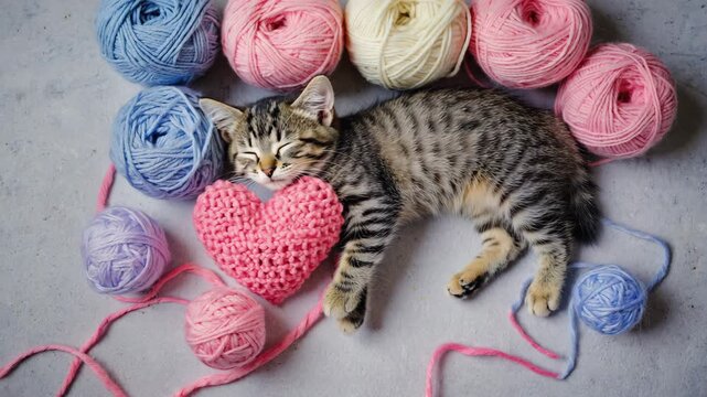 A cute tabby kitten sleeping peacefully among colorful balls of yarn and a pink heart. Cozy flat lay banner for a handicraft or needlework hobby with an adorable pet