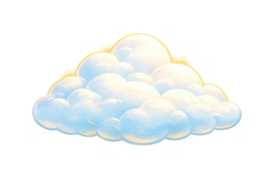 Fluffy cartoon cloud with golden glow and sparkle effect, magical dream atmosphere element, transparent background - Powered by Adobe