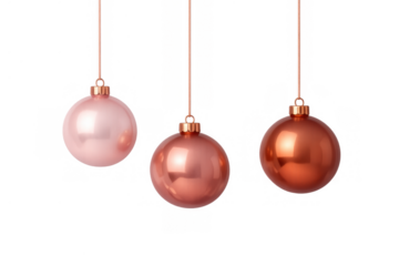 Hanging christmas ornaments in rose gold and pink colors, sparkling baubles for holiday seasonal decoration on transparent background