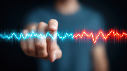 Digital intelligence literacy science imagination future concept with human hand touching glowing sound wave line