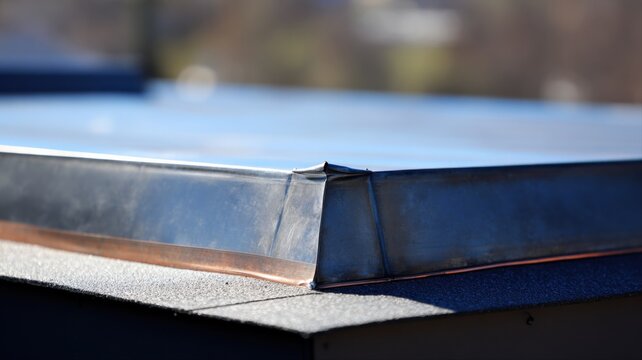 Modern Flat Roof Construction with Metal Flashing Detail and Waterproofing Membrane on a Building