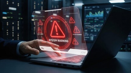 Cybersecurity system warning alert on laptop with red triangle icon,hacker attack or system breach notification in data center environment